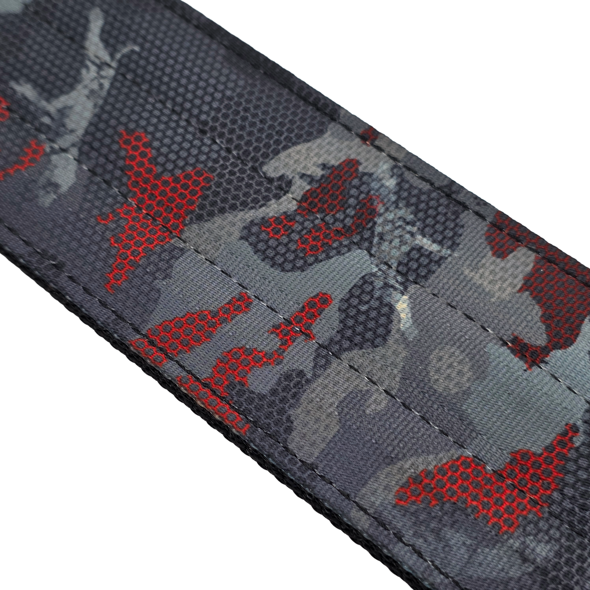 Close-up of a black crimson red camouflage canine athletes 2.75" wide working dog collar