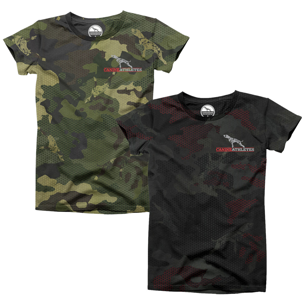 Two camouflage t-shirts with a visible brand logo on a white background