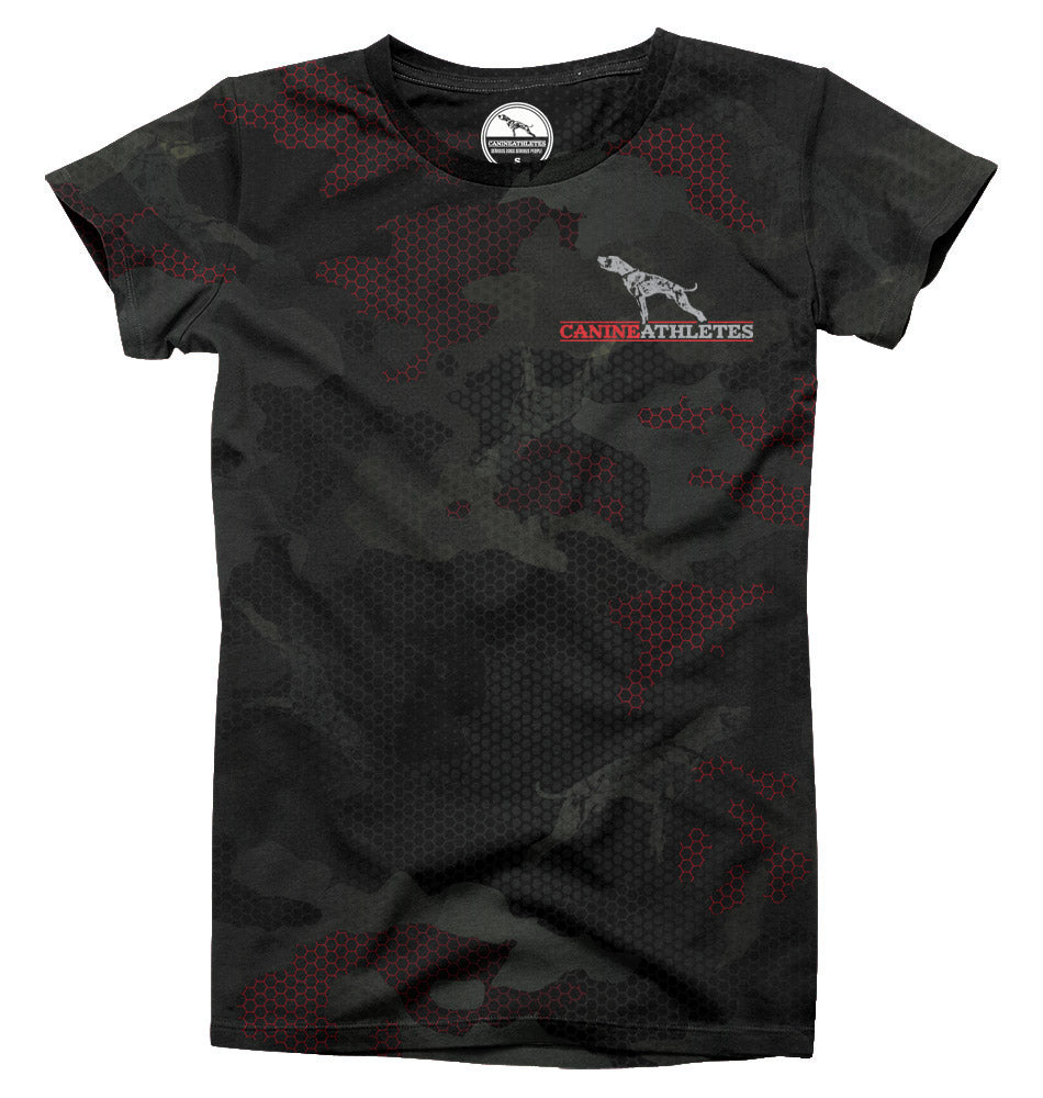 canine athletes black performance t-shirt with red camouflage pattern and 'Canine Athletes' front