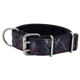 canine athletes 1.75" wide heavy duty  double pin padded working dog collar black crimson camo