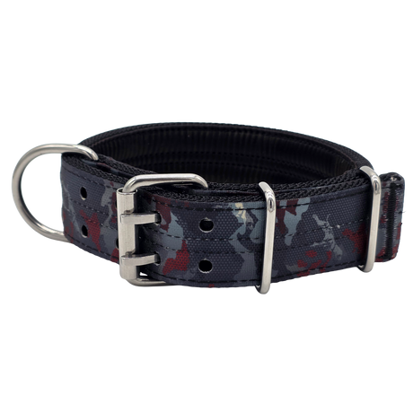 canine athletes 1.75" wide heavy duty  double pin padded working dog collar black crimson camo