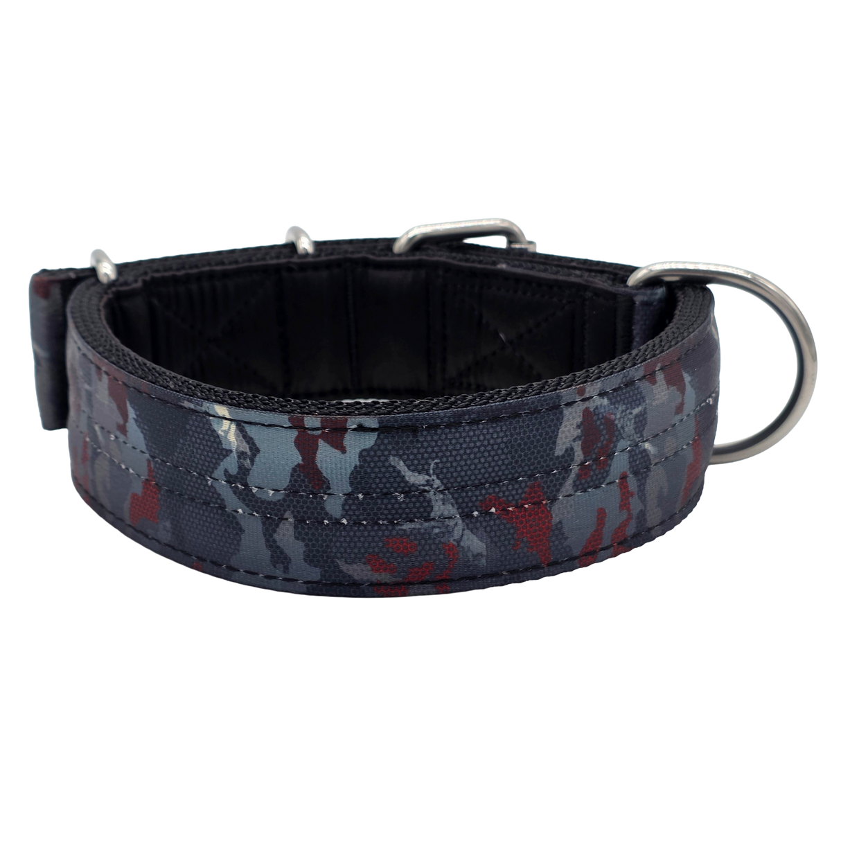 canine athletes 1.75" wide heavy duty  double pin padded working dog collar black crimson camo back view
