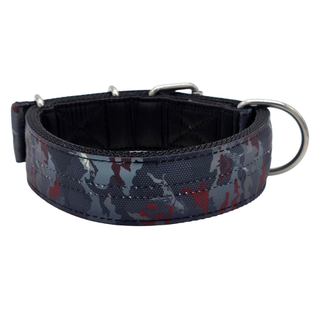 canine athletes 1.75" wide heavy duty  double pin padded working dog collar black crimson camo back view