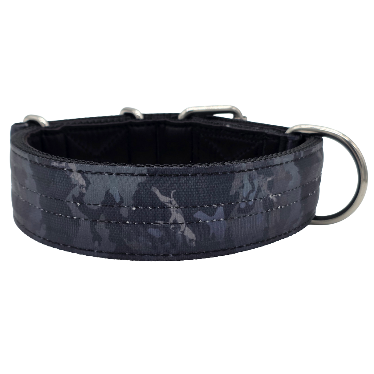 canine athletes 1.75" wide heavy duty  double pin padded working dog collar black crimson camo back view