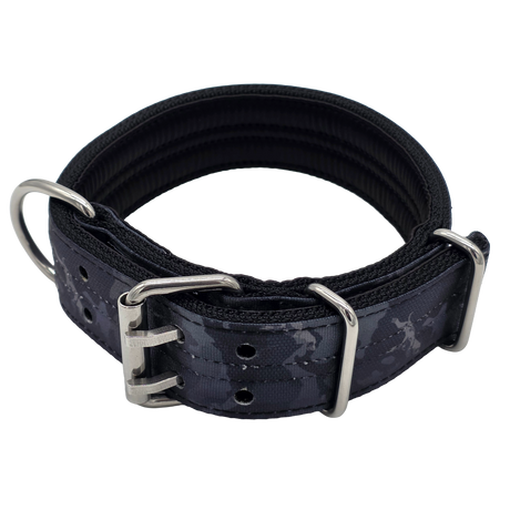 canine athletes 1.75" wide heavy duty  double pin padded working dog collar black crimson camo above view