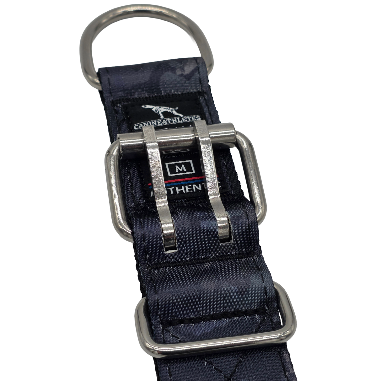 canine athletes 1.75" wide heavy duty  double pin padded working dog collar black camo double pin buckle