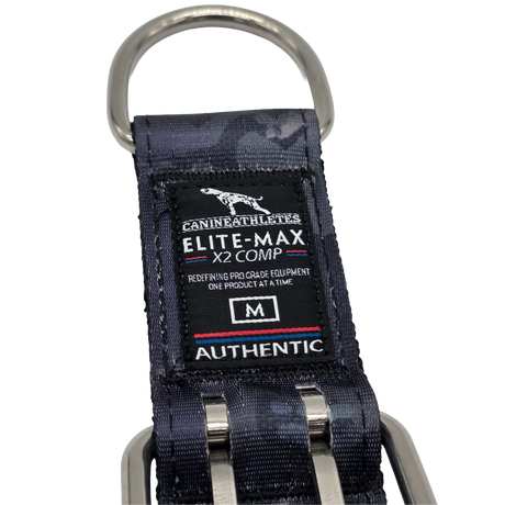 canine athletes 1.75" wide heavy duty  double pin padded working dog collar black crimson camo label closeup