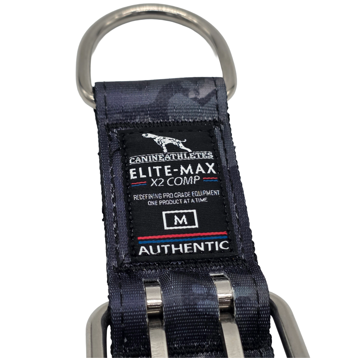 canine athletes 1.75&quot; wide heavy duty  double pin padded working dog collar black crimson camo label closeup