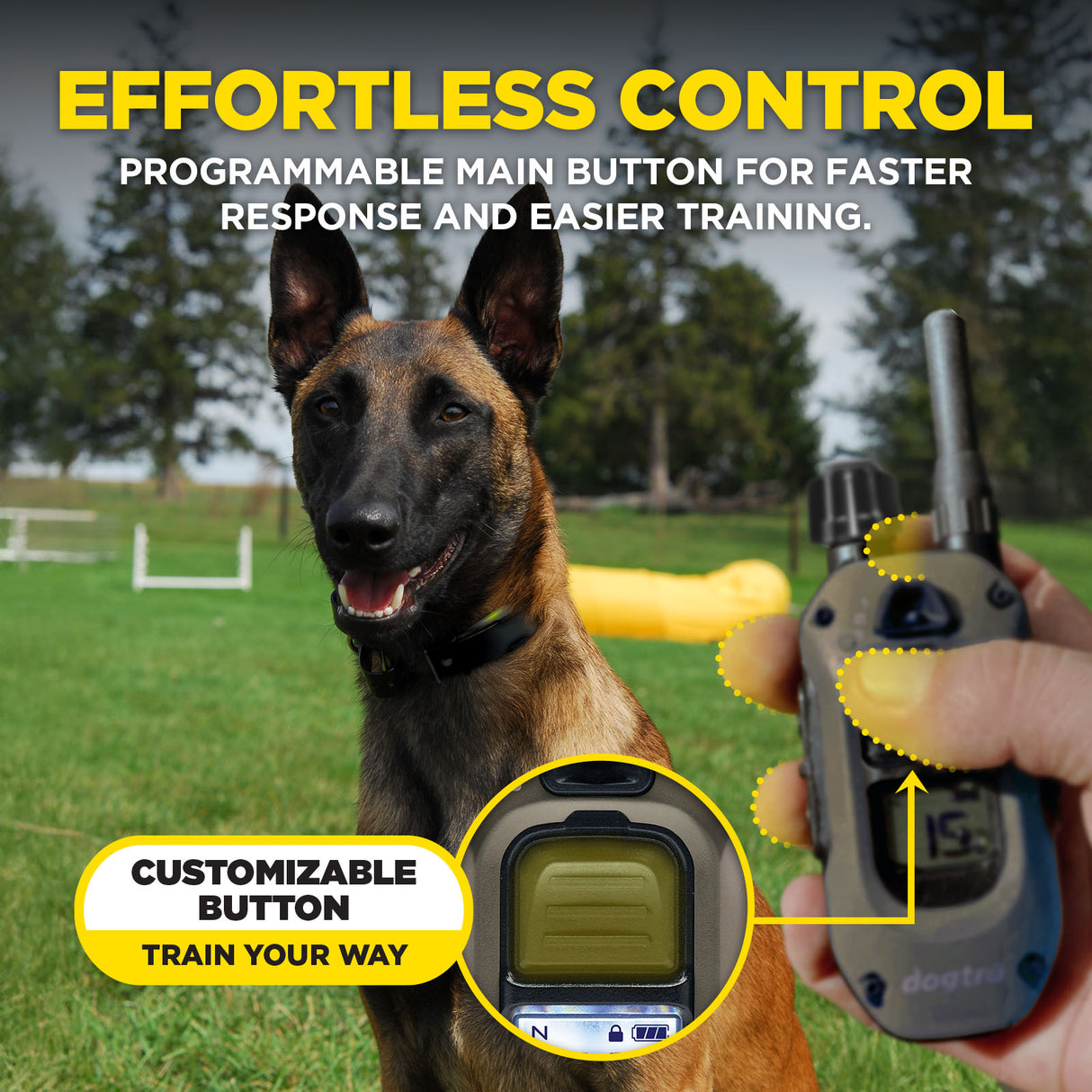 Dog training device with customizable button and programmable main button, held by a person outdoors.
