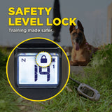 Dog training device with safety level lock feature, dog in the background