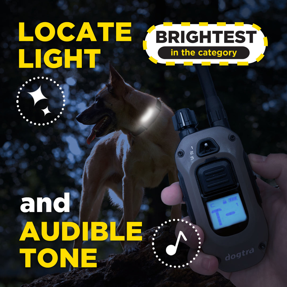 Dog trainer device with a dog in the dark, highlighting features like light and audible tone.