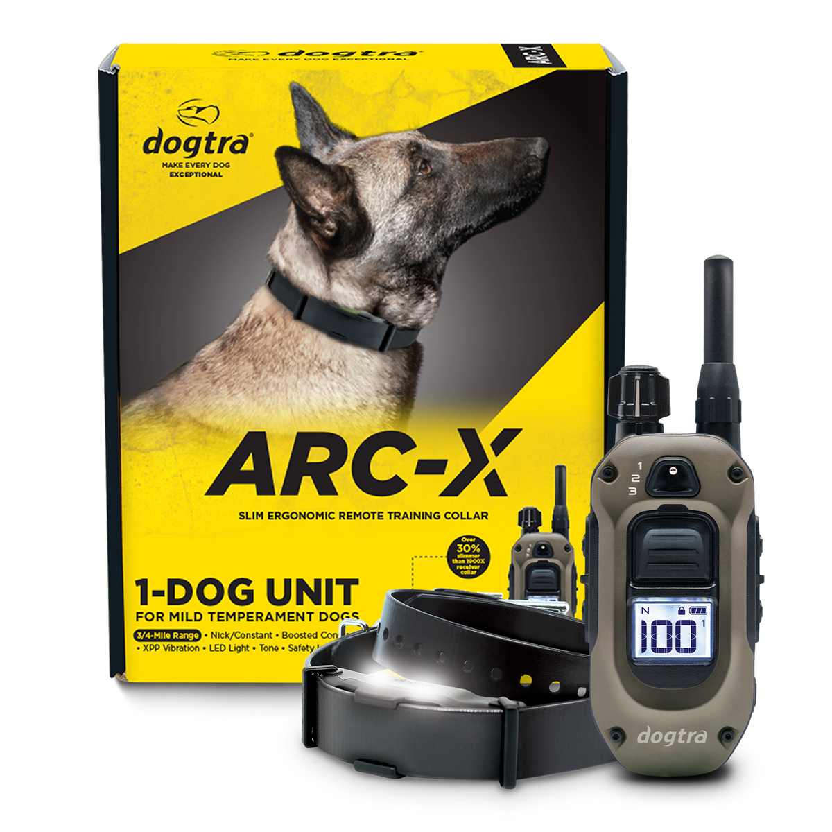 Dogtra ARC-X remote training collar with packaging on a white background