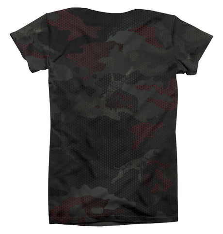 canine athletes black performance t-shirt with red camouflage pattern back front