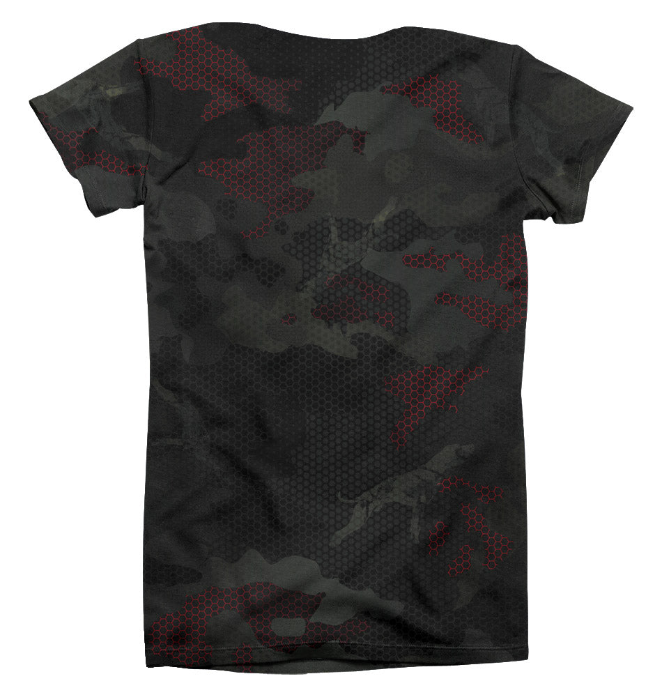 canine athletes black performance t-shirt with red camouflage pattern back front