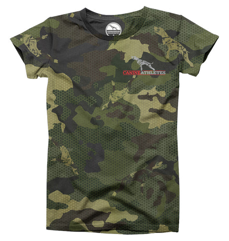 canine athletes pit bull dog green camouflage performance t-shirt with logo front
