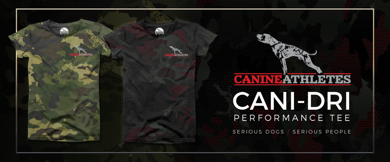 Two t-shirts, one camouflage and one black, with 'Canine Athletes' branding on a dark background.