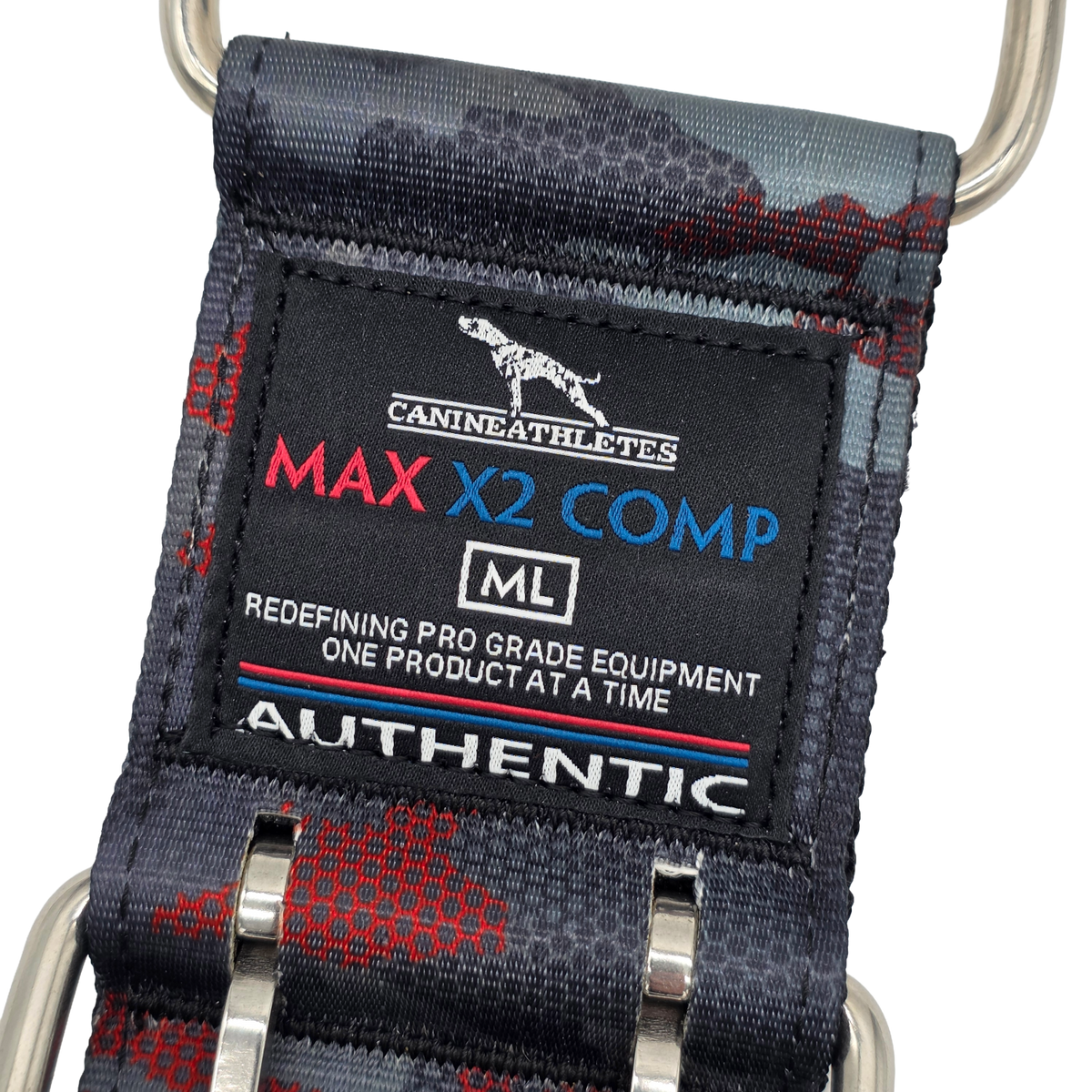 canine athletes elite max x2 comp 2.75 inch wide working dog collar closeup label