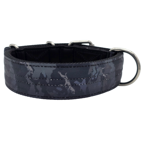 canine athletes 1.75" wide heavy duty  double pin padded working dog collar black crimson camo back view