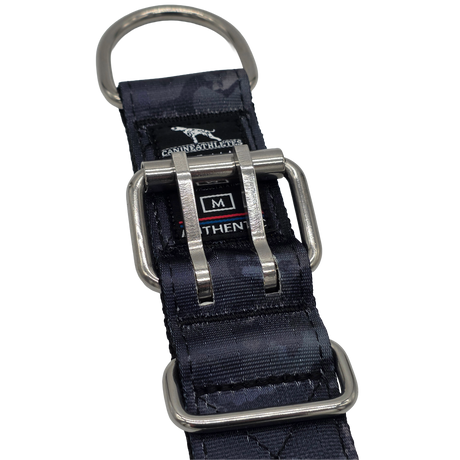 canine athletes 1.75" wide heavy duty  double pin padded working dog collar black camo double pin buckle