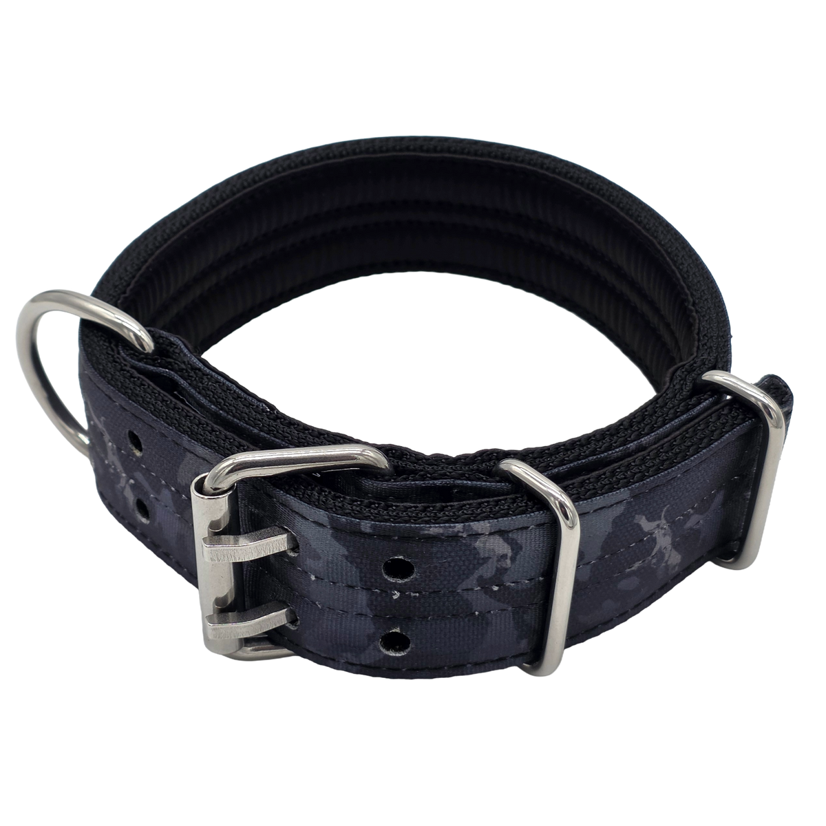 canine athletes 1.75" wide heavy duty  double pin padded working dog collar black crimson camo above view