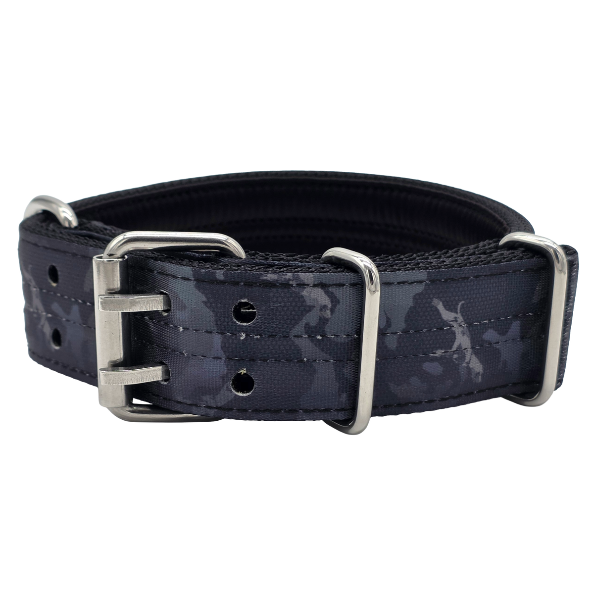 canine athletes 1.75" wide heavy duty  double pin padded working dog collar black camo