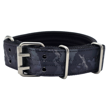 canine athletes 1.75" wide heavy duty  double pin padded working dog collar black camo