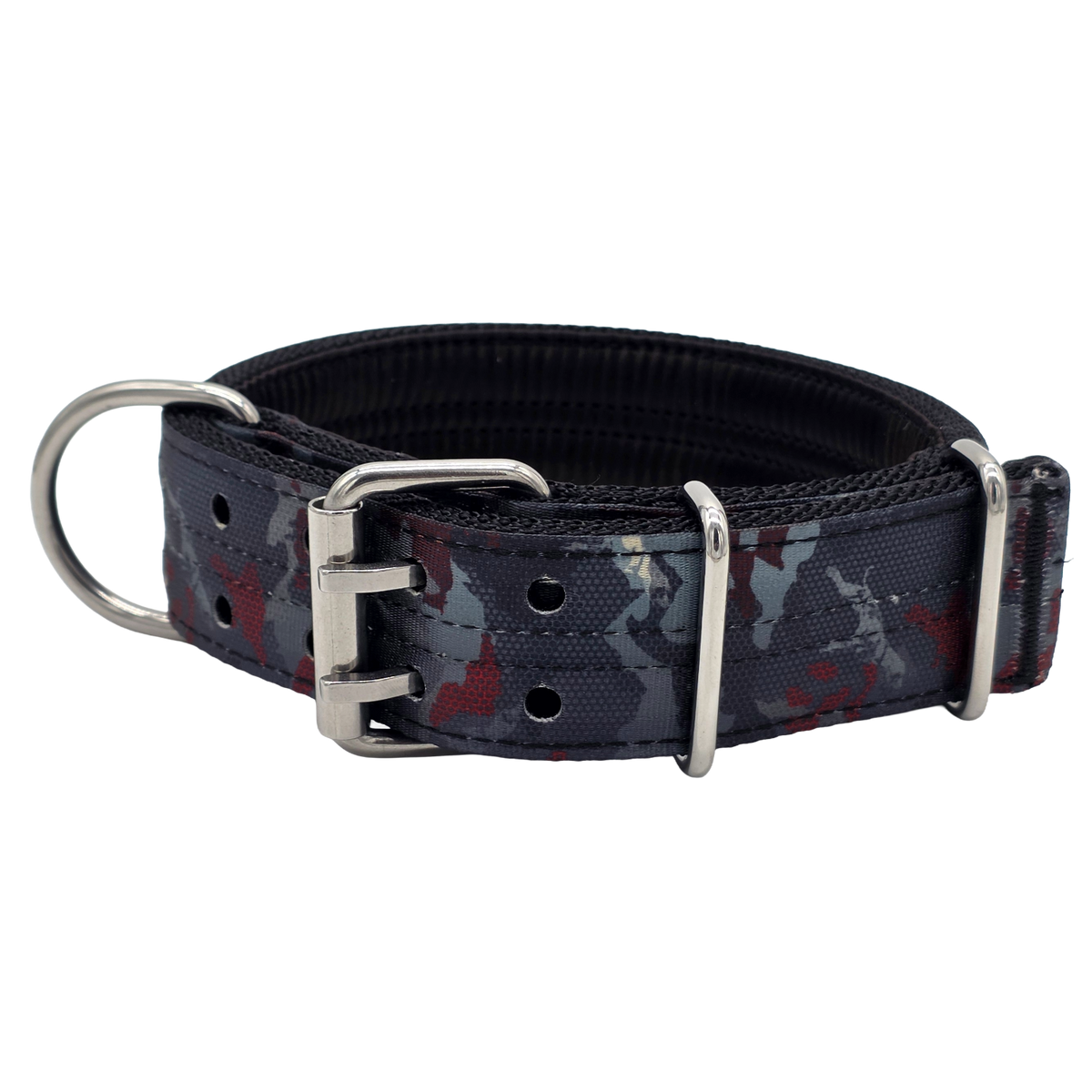 canine athletes 1.75" wide heavy duty  double pin padded working dog collar black crimson camo