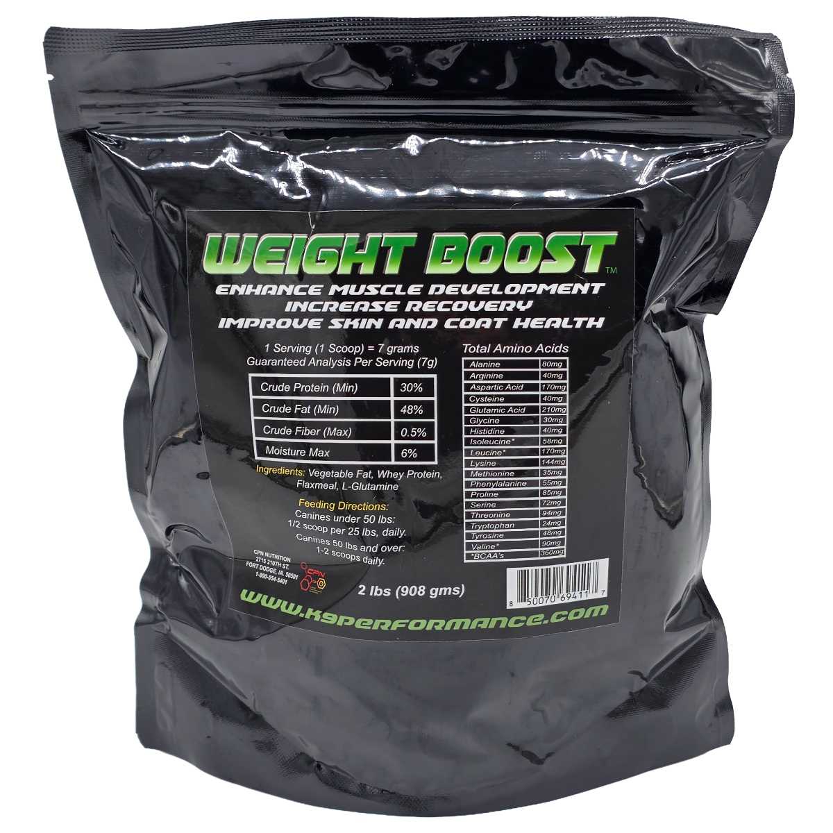 CPN canine performance nutrition dog weight boost supplement powder back