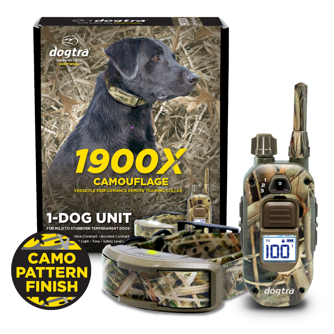 Dogtra 1900X Camouflage training device with packaging and accessories on a white background