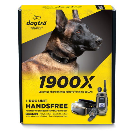 Dogtra 1900X remote training collar packaging with a dog on a yellow background