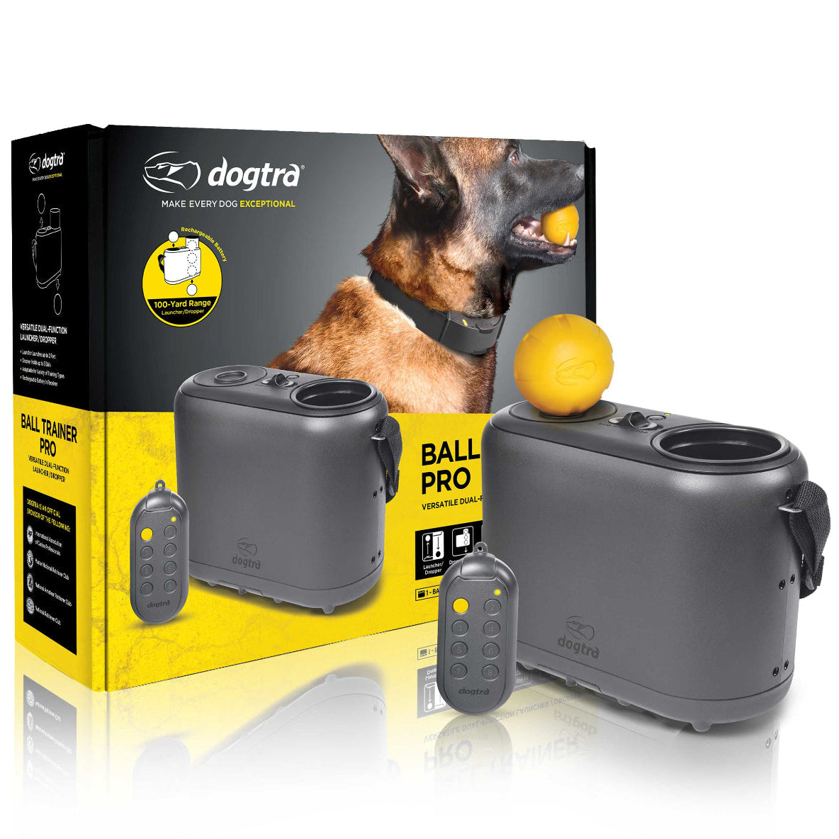 Dogtra Ball Pro trainer with packaging and remote control on a white background