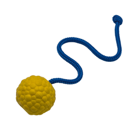 raddog ball on rope dog training bite tug toy yellow