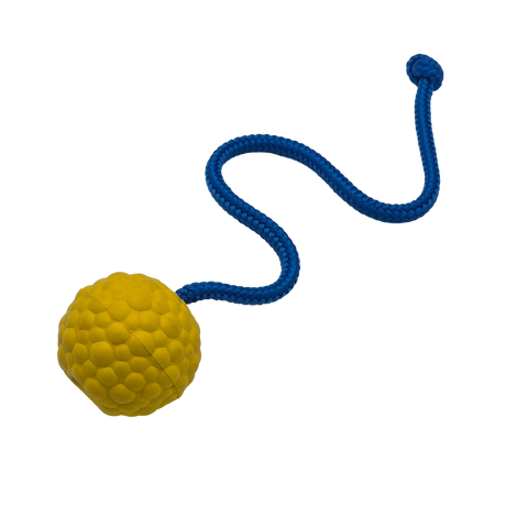 raddog ball on rope dog training bite tug toy yellow