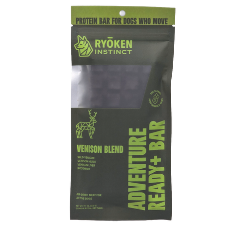 Ryoken Instinct Venison Blend protein bar packaging for dogs on a white background